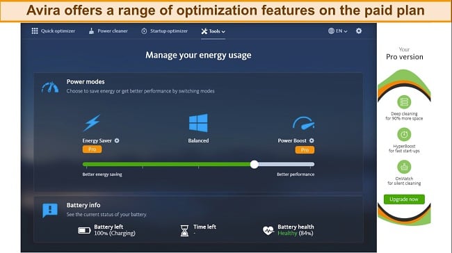 Screenshot of Avira's battery boost feature