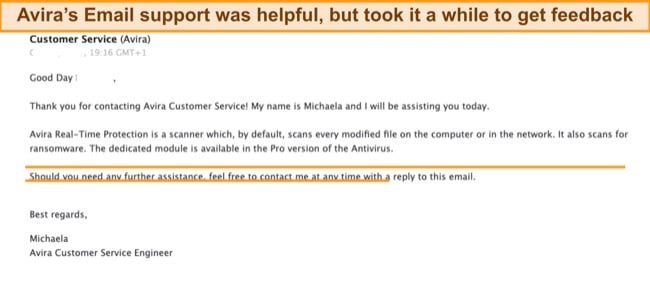 Screenshot of Avira's email response