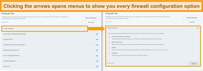 Screenshot of McAfee's firewall options.