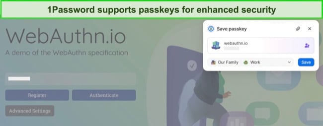 Screenshot of 1Password passkeys support
