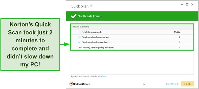 Screenshot of Norton's quick scan results screen.
