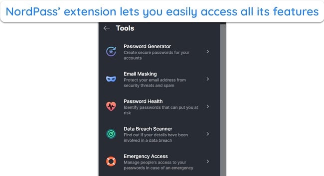 Screenshot of NordPass' extra features listed within the browser extension