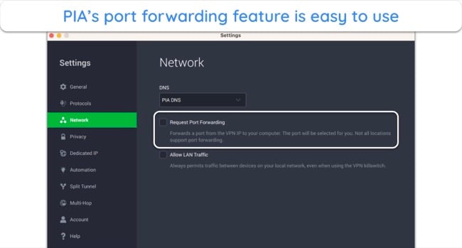 Screenshot of PIA's port forwarding feature on its app