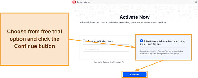 Screenshot showing how to activate the free trial during Bitdefender's setup