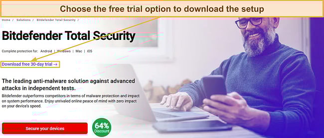 Screenshot showing how to download the setup for Bitdefender Total Security's free trial