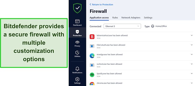 Screenshot of Bitdefender's firewall interface
