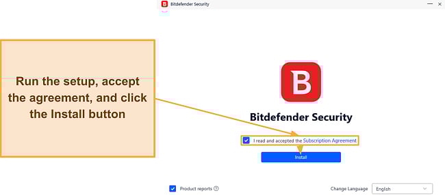 Screenshot showing the beginning for Bitdefender's setup