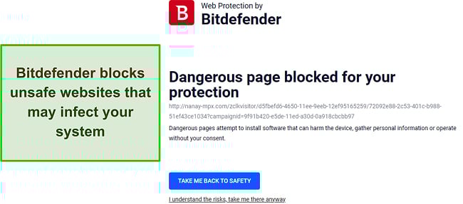 Bitdefender review showcasing the web protection feature actively blocking access to a potentially harmful website.