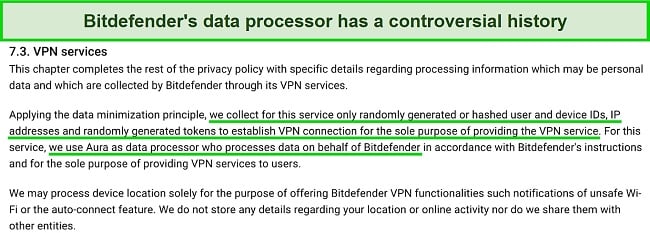 Screenshot of what Bitdefender VPN's privacy policy says about data collection