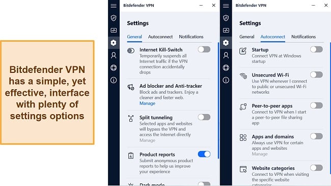 Screenshot of the settings options available on Bitdefender VPN