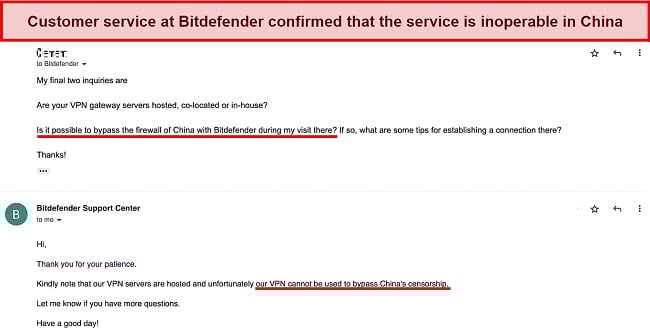 Screenshot of my interaction with Bitdefender's Support confirming the service cannot be used in China