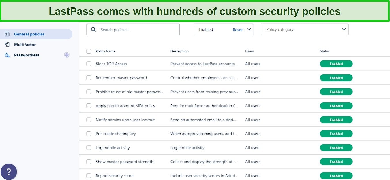 Screenshot of LastPass General Policies dashboard