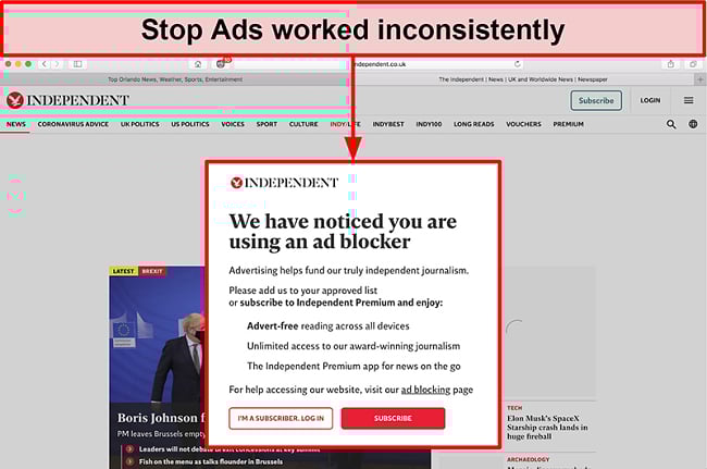 Image of website detecting that Stop Ads was in use