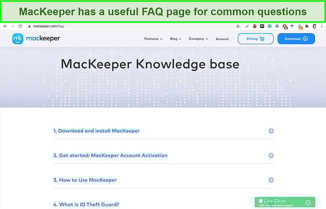 Image of MacKeeper's online knowledge base giving useful answers to common questions