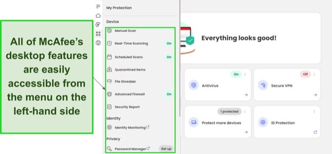 Screenshot showing how to navigate McAfee's desktop app
