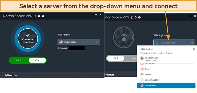 Screenshot of Norton Secure VPN app interface
