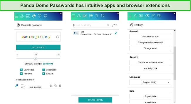 Screenshots of Panda Dome Passwords' browser extension