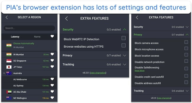 Screenshot of PIA's browser extension and all its settings
