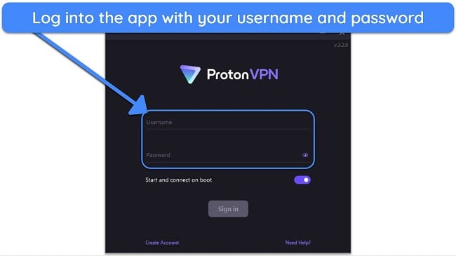 Screenshot showing how to log into the Proton VPN app