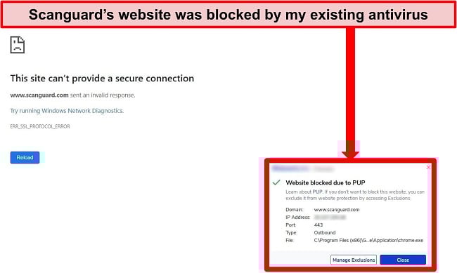 Screenshot of antivirus blocking Scanguard's website due to PUP.