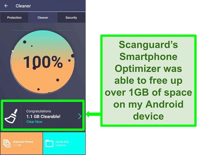 Screenshot of Scanguard's Cleaner feature on Android clearing over 1GB of duplicate photos.