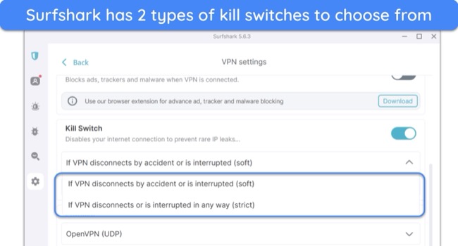Screenshot of Surfshark's kill switch options