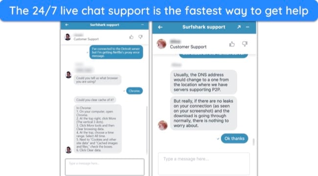 Screenshot of live chat conversations with Surfshark's support team