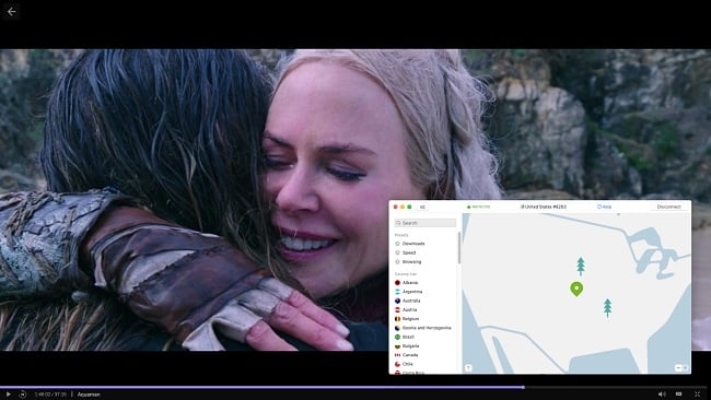 Screenshot of NordVPN connecting to a US server and unblocking the movie Aquaman on HBO Max