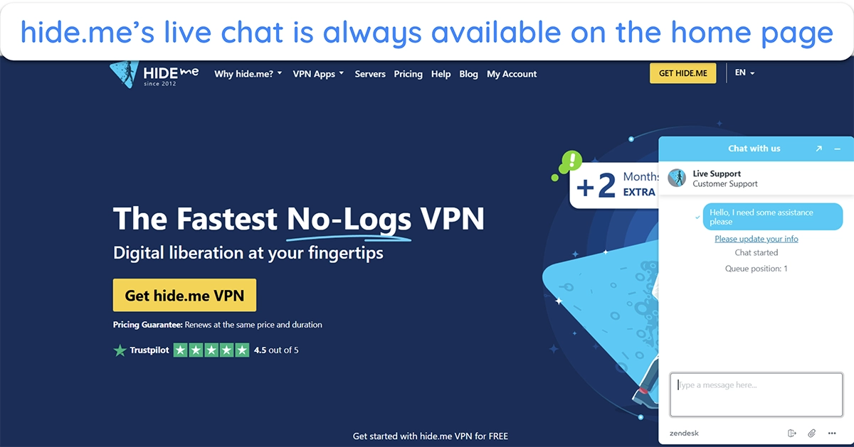Screenshot showing hide.me's live chat support option on the VPN's home page
