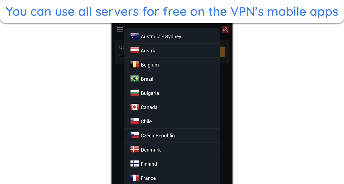 Screenshot showing the various server locations in Avira VPN's mobile app
