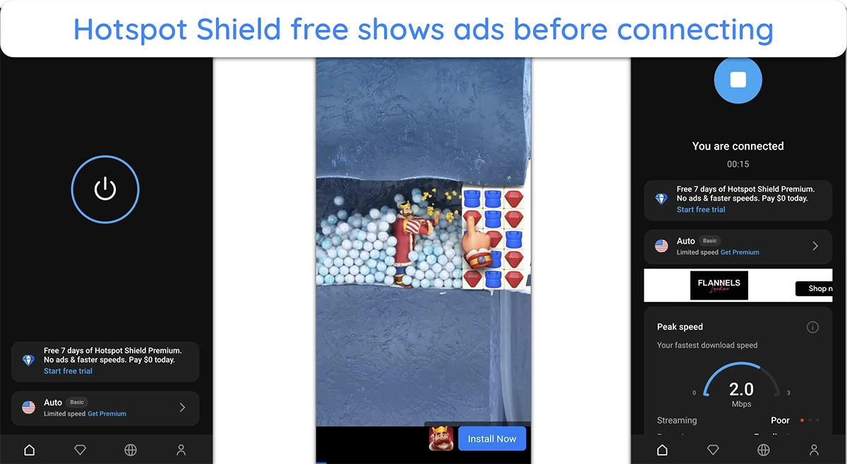Screenshot showing Hotspot Shield's free plan showing an ad before connecting